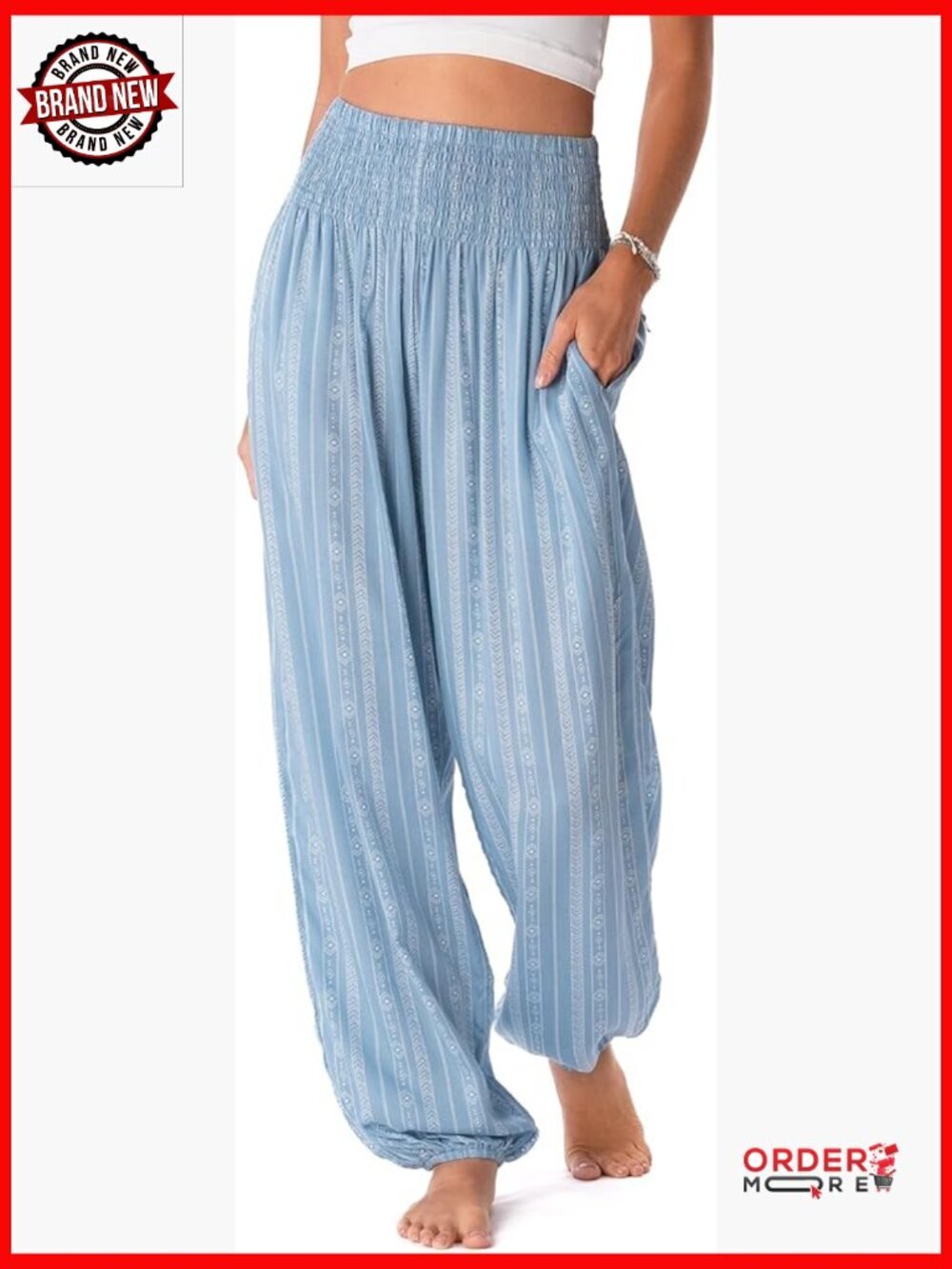 High Waisted Flowy Boho Harem Yoga Pants Smocked Waist Cuffed Bottom